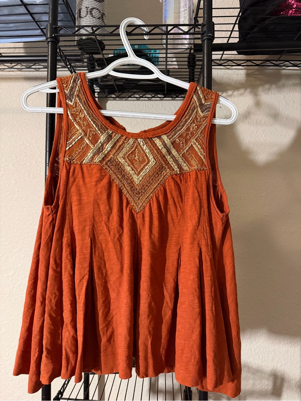 Free People Rust Embroidered Sleeveless Tank